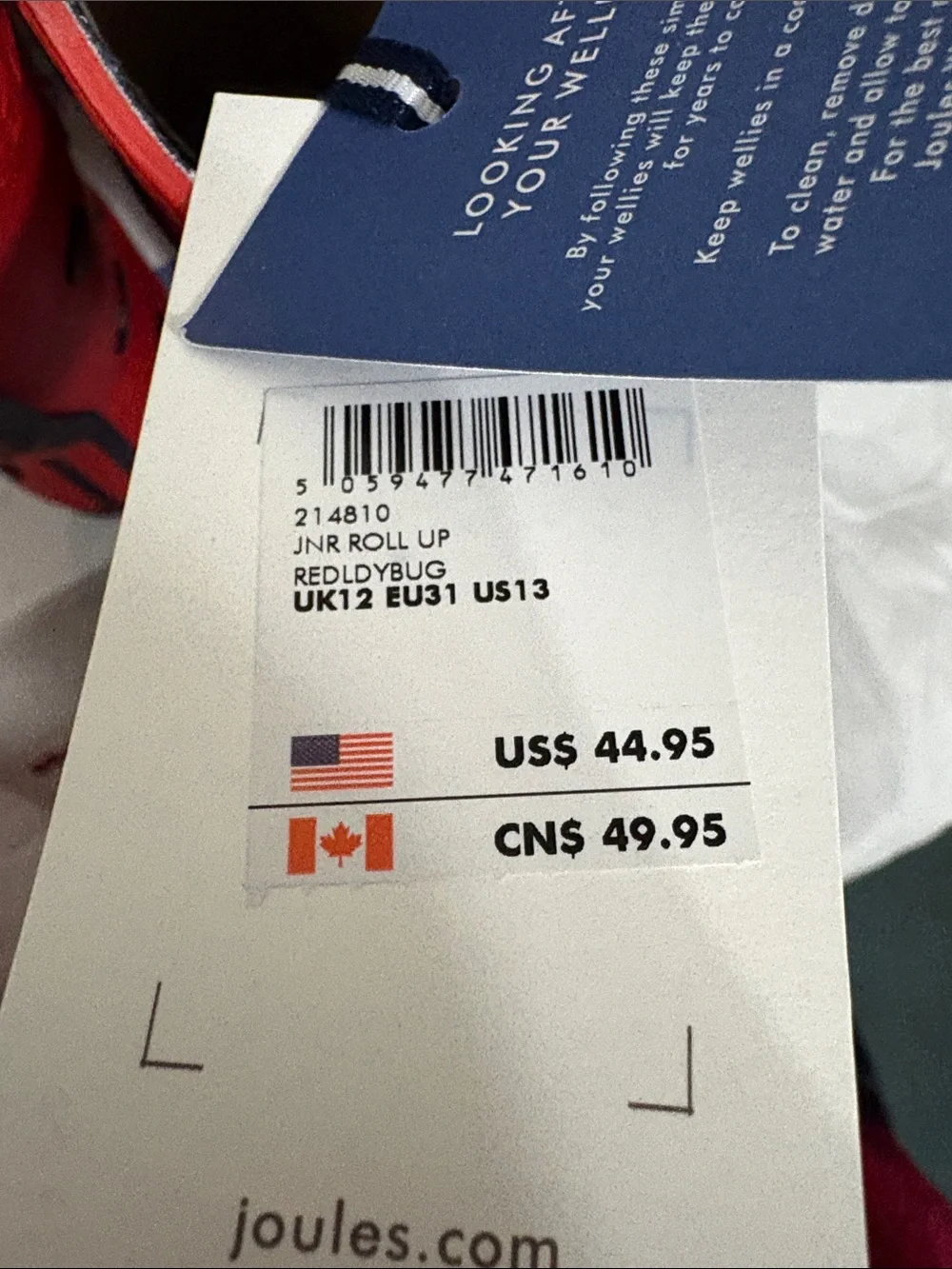 Joules Kids' Ladybug Rain Boots size US 13 NWT